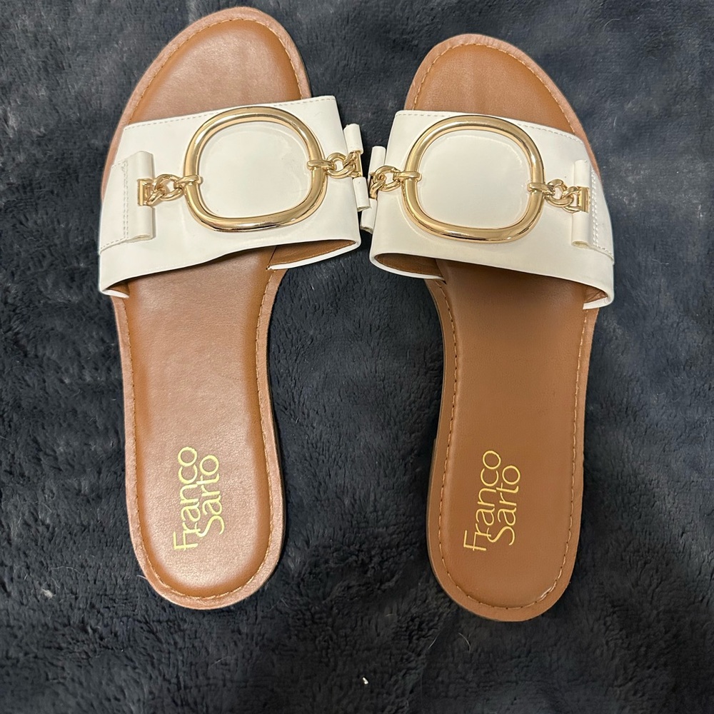 Franco Sarto Gold Buckle White Sandal Size 8.5